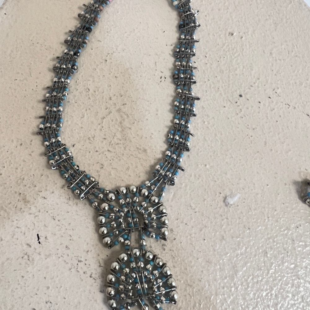 1970's Silvertone Turquoise Safety Pin Necklace & Earring Set Southwestern‎ - Picture 7 of 12